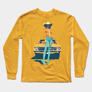 Retro Cosmic Cowgirl: Vintage Sci-Fi Western Inspired Art Long Sleeve T-Shirt